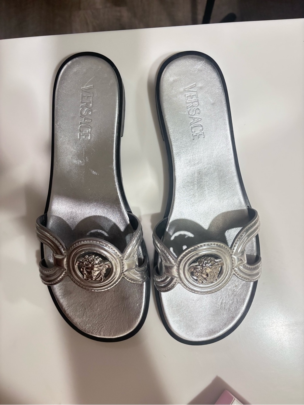 Versace Silver Metallic Medusa Slide Sandals